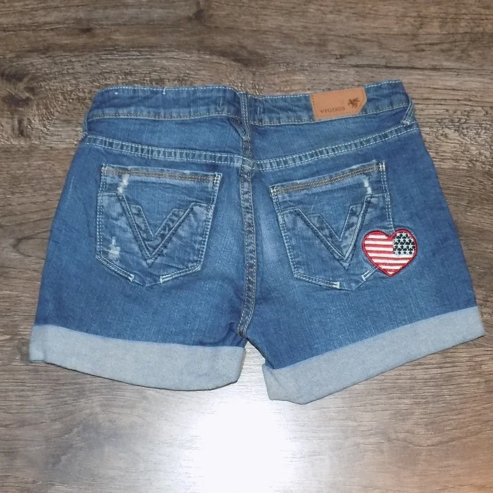 Vigoss‎ Denim Shorts Womens 1 Blue Excellent Cuffed American Flag Heart Patch